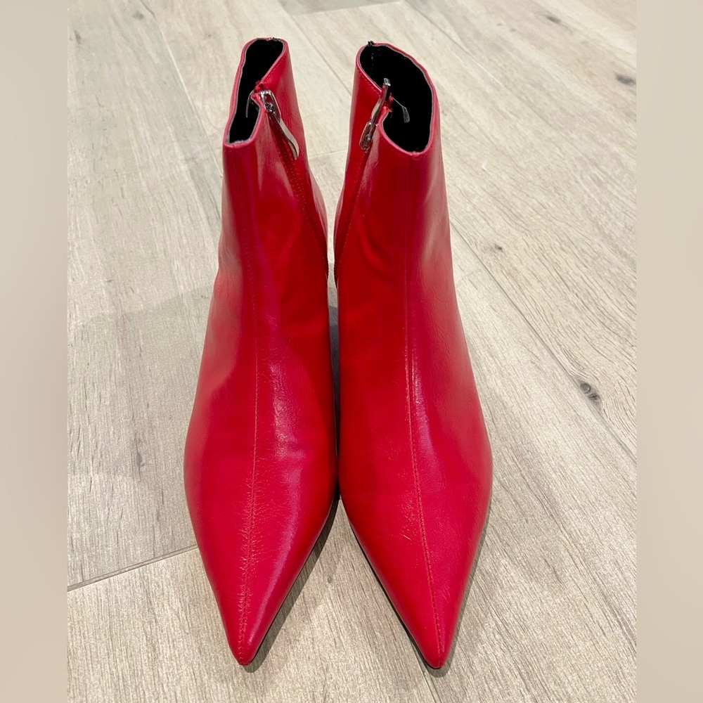 ZARA Bright Red Pointed Toe Kitten Heel Ankle Boots Size 37/US 7